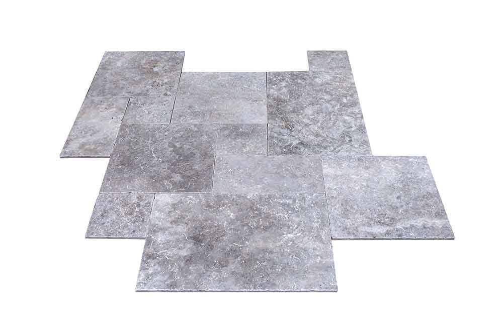 Travertin, dalle de sol ou murale en pierre naturelle TITANIUM GREY, bords adoucis, surface vieillie, opus 4 formats , épaisseur 1,2 cm - PALETTE COMPLETE