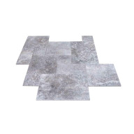 Travertin, dalle de sol ou murale en pierre naturelle TITANIUM GREY, bords adoucis, surface vieillie, opus 4 formats , épaisseur 1,2 cm - PALETTE COMPLETE