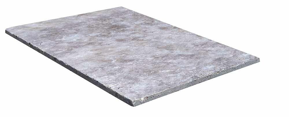 Travertin, dalle de sol ou murale en pierre naturelle TITANIUM GREY, bords adoucis, surface vieillie, 40,6 cm x 61 cm x 1,2 cm - PALETTE COMPLETE