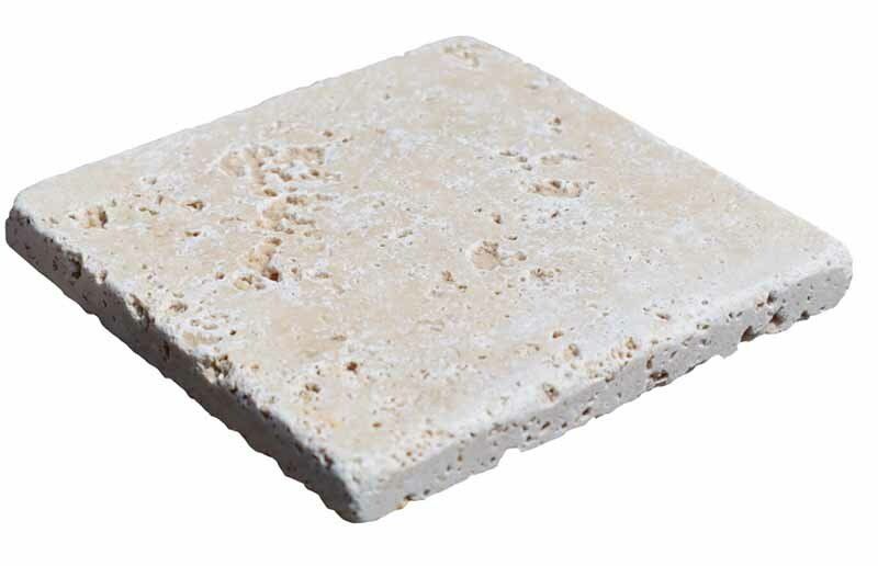 Travertin, dalle de sol ou mural en pierre naturelle CAPLIGHT, bords adoucis, surface vieillie, 10 cm x 10 cm x 1 cm