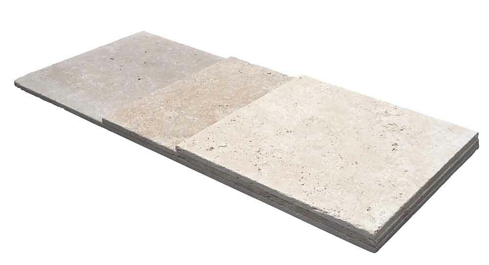 Travertin, dalle de sol ou murale en pierre naturelle CLASSHADE, bords adoucis, surface vieillie, largeur 40,6 cm x longueur libre x 1,2 cm - PALETTE COMPLETE