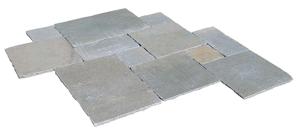 Dalle de sol ou murale PONDICHERY en pierre naturelle calcaire d'Inde, bords adoucis, surface vieillie, opus 4 formats, épaisseur 1,9-2,1 cm - PALETTE COMPLETE