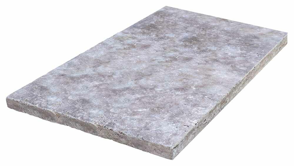 Travertin, dalle de sol en pierre naturelle TITANIUM GREY, bords adoucis, surface vieillie, 40,6 cm x 61 cm x 3 cm - PALETTE COMPLETE