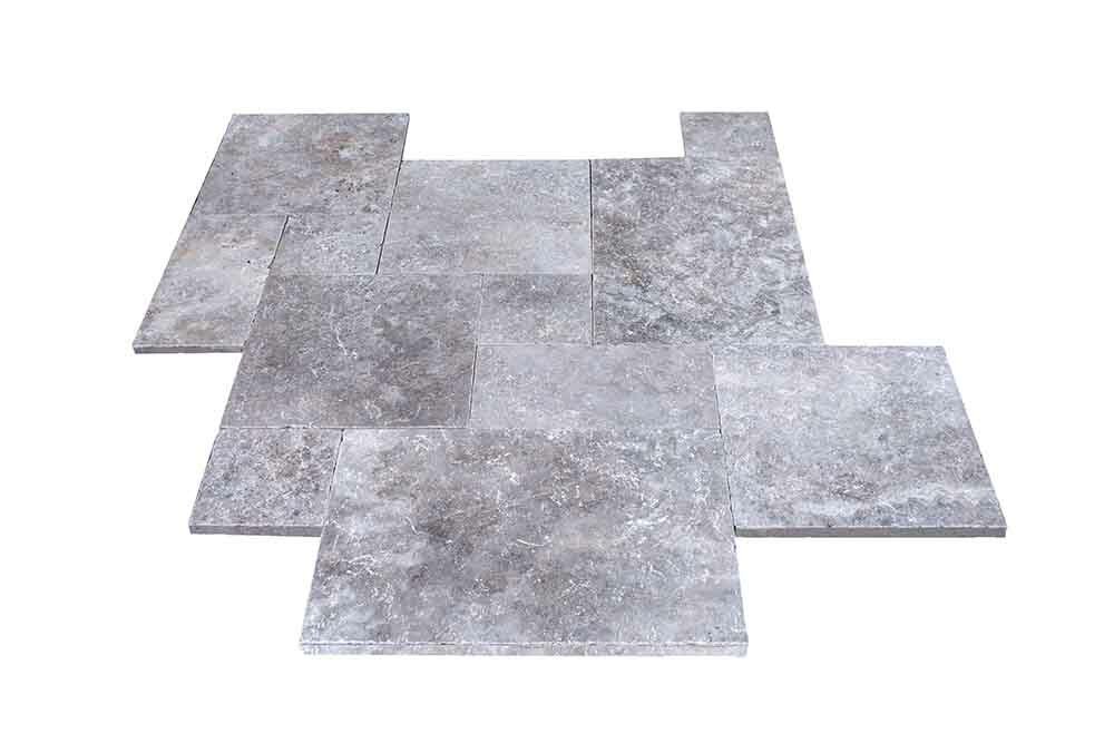 Travertin, dalle de sol en pierre naturelle TITANIUM GREY, bords adoucis, surface vieillie, opus 4 formats , épaisseur 3 cm - PALETTE COMPLETE