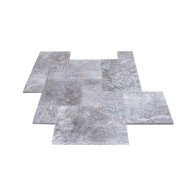 Travertin, dalle de sol en pierre naturelle TITANIUM GREY, bords adoucis, surface vieillie, opus 4 formats , épaisseur 3 cm