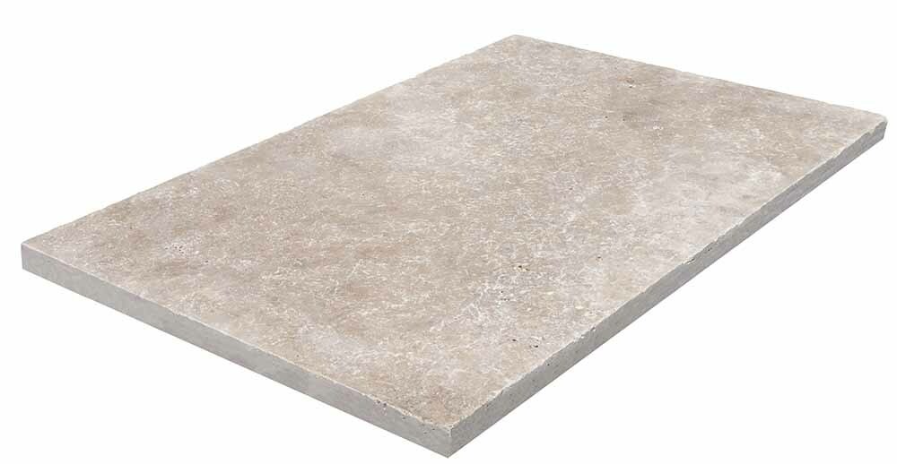 Travertin, dalle de sol ou murale en pierre naturelle CLASSHADE, bords adoucis, surface vieillie, 61 cm x 91,5 cm x 1,2 cm - PALETTE COMPLETE