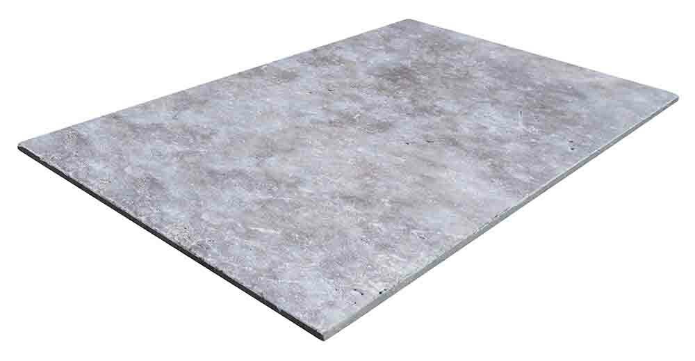 Travertin, dalle de sol ou murale en pierre naturelle TITANIUM GREY, bords adoucis, surface vieillie, 61 cm x 91,5 cm x 1,2 cm - PALETTE COMPLETE