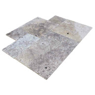 Travertin, dalle de sol ou murale en pierre naturelle SILVER GREY, bords adoucis, surface vieillie, opus 4 formats , épaisseur 1,2 cm