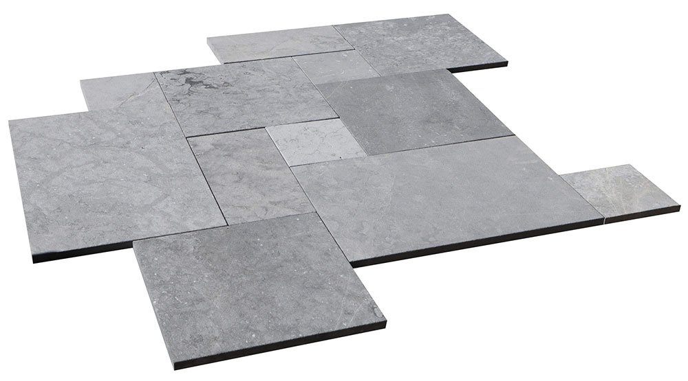 Dalles en marbre NOBILY GREY, bords sciés, surface sablée, opus 4 formats , épaisseur 2 cm - PALETTE COMPLETE