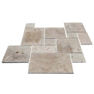 Travertin, dalle de sol en pierre naturelle RUSTIC, bords adoucis, surface vieillie, opus 4 formats , épaisseur 3 cm - PALETTE COMPLETE