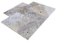 Travertin, dalle de sol en pierre naturelle SILVER GREY, bords adoucis, surface vieillie, opus 4 formats , épaisseur 3 cm