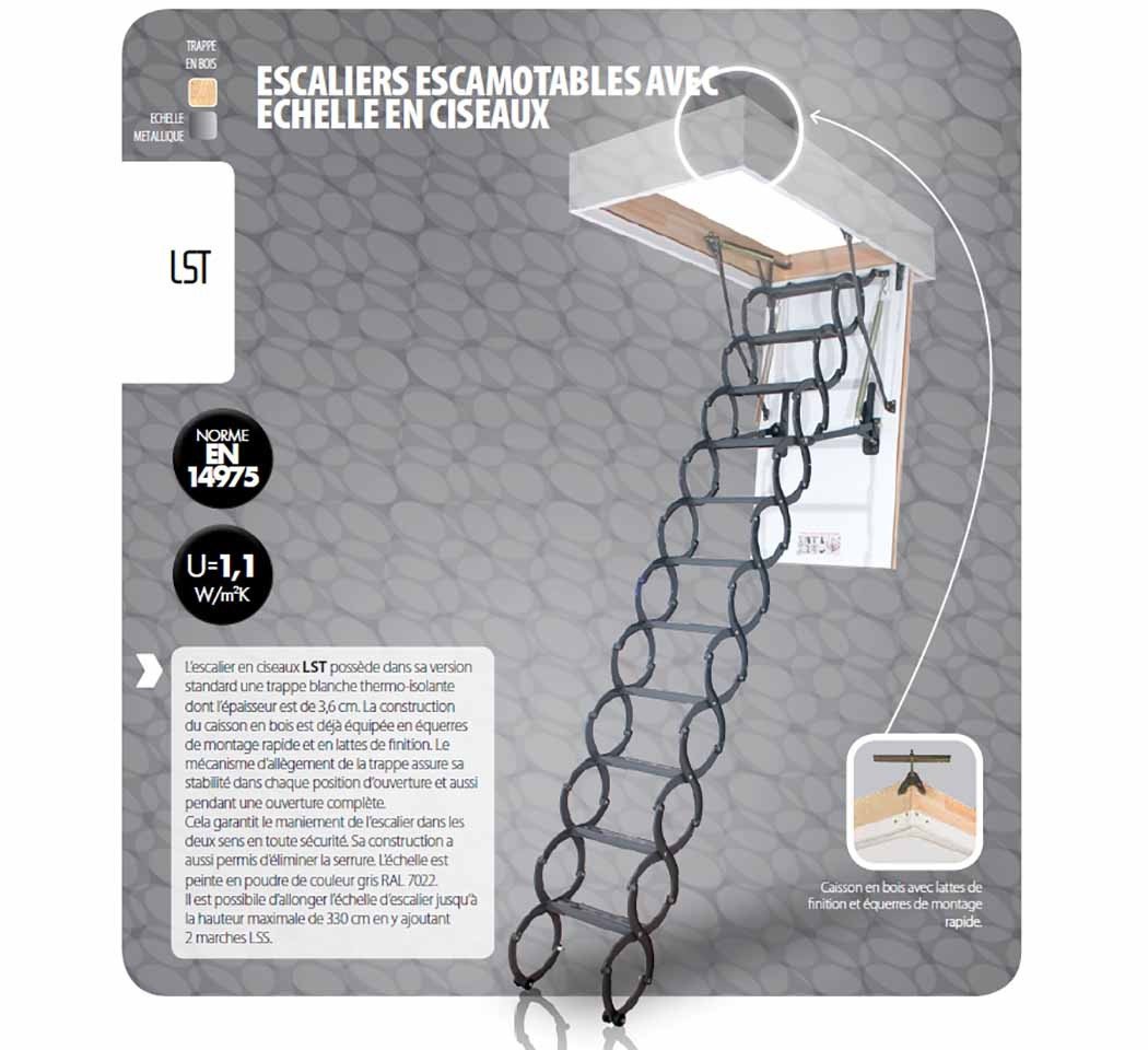 Escalier escamotable LST avec échelle en ciseaux, haut. 250-280 cm, 70 cm x 120 cm