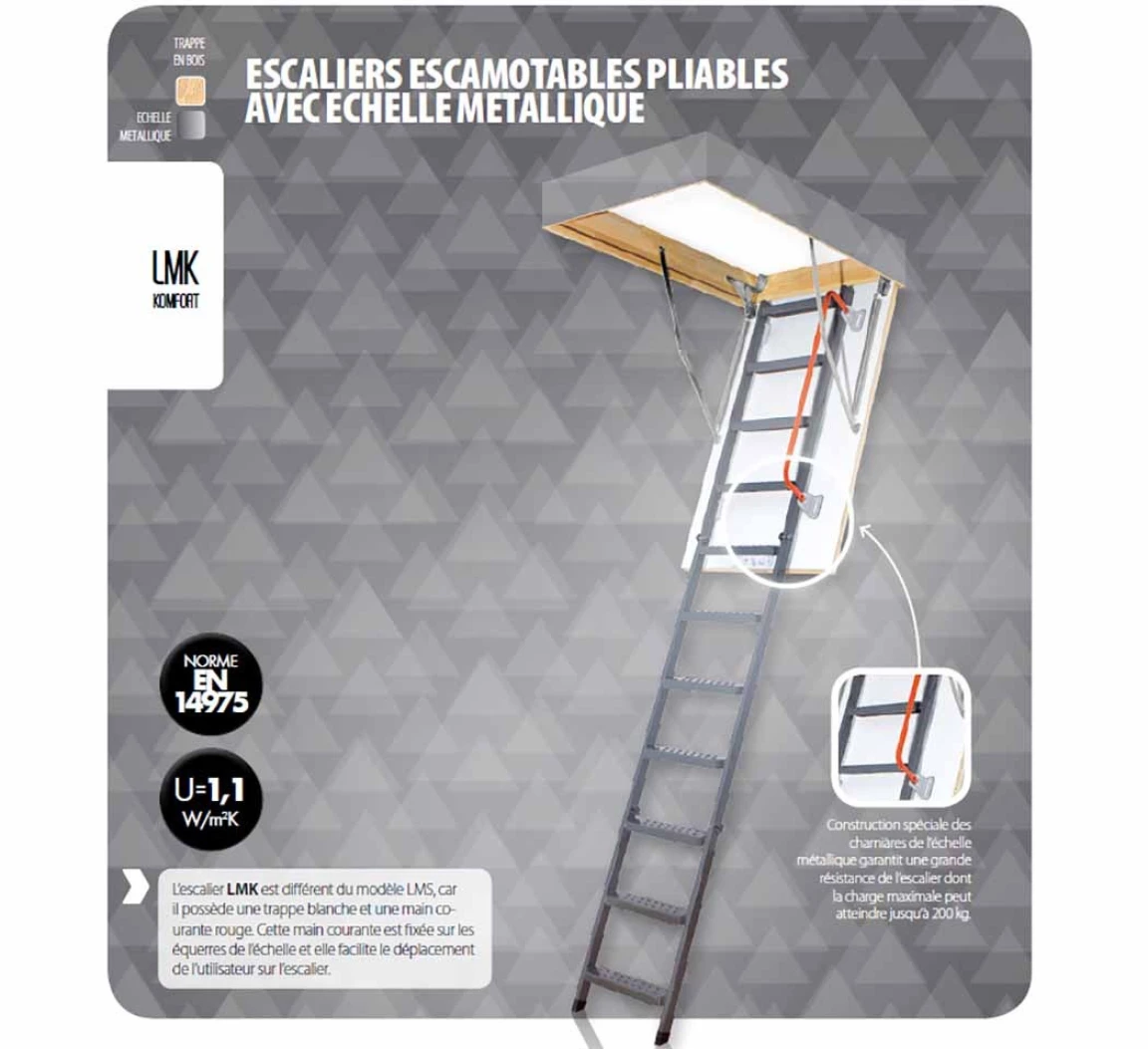 Escalier escamotable LMK Komfort avec échelle métallique pliable, haut. 280  cm, 60 cm x 120 cm 