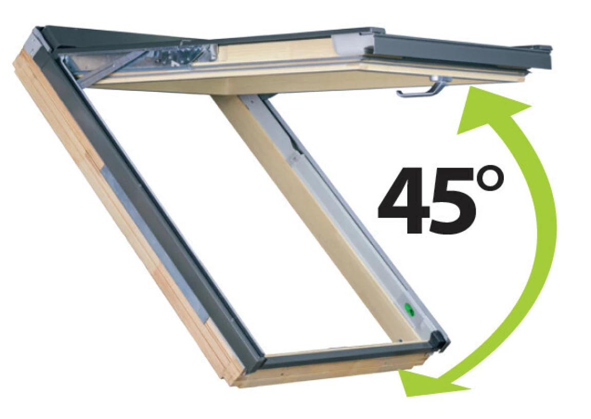fenêtre projection et rotation toit incliné fakro finition bois angle d'ouverture 45 degrés
