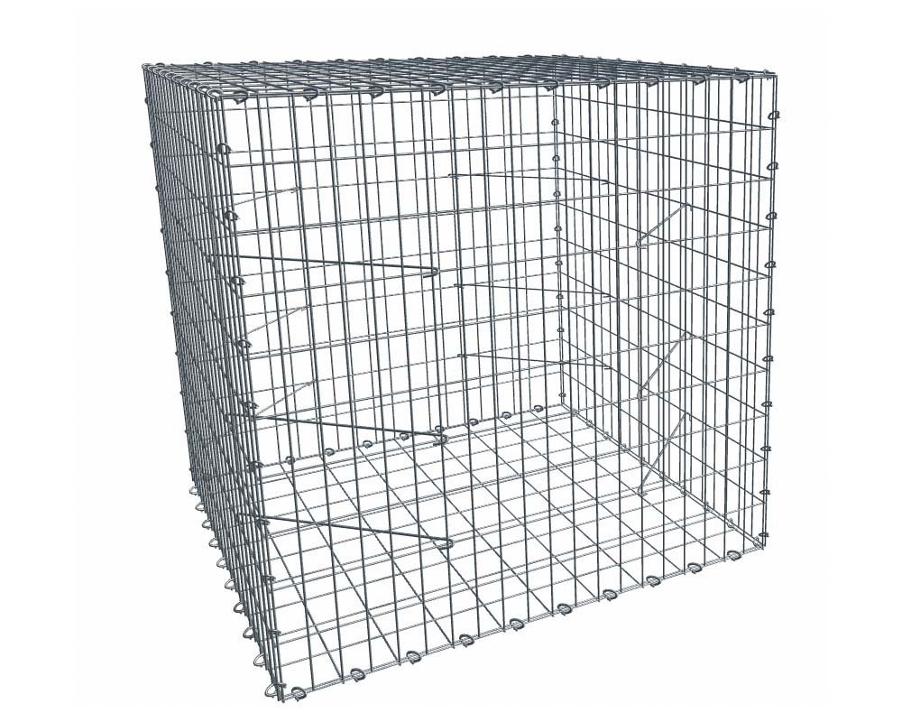 Gabion, longueur 100cm x 100cm(H) x 100(L), assemblage agrafes, mailles 5 x 10 cm, grilles non visibles mailles 10 x 10 cm Ø4mm