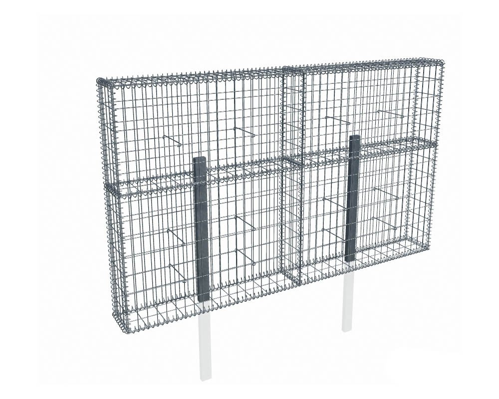 Kit gabion 2m de longueur, 120cm (H) x 20cm (L), pour clôture, assemblage spirales, mailles 5 x 10 cm, avec poteaux raidisseurs à sceller