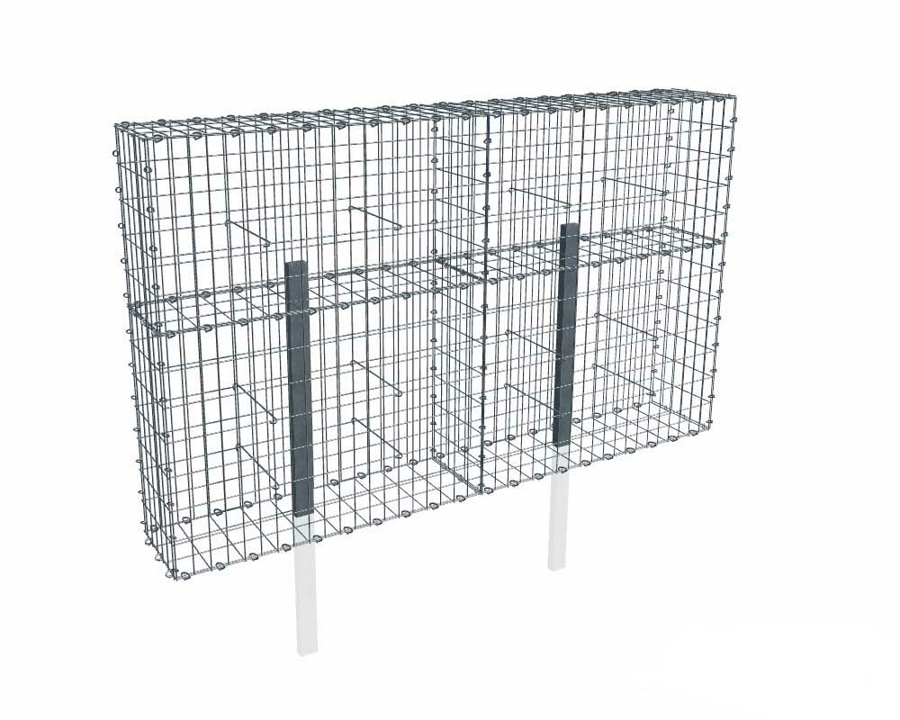 Kit gabion 2m de longueur, 120cm (H) x 30cm (L), pour clôture, assemblage agrafes, mailles 5 x 10 cm, avec poteaux raidisseurs à sceller