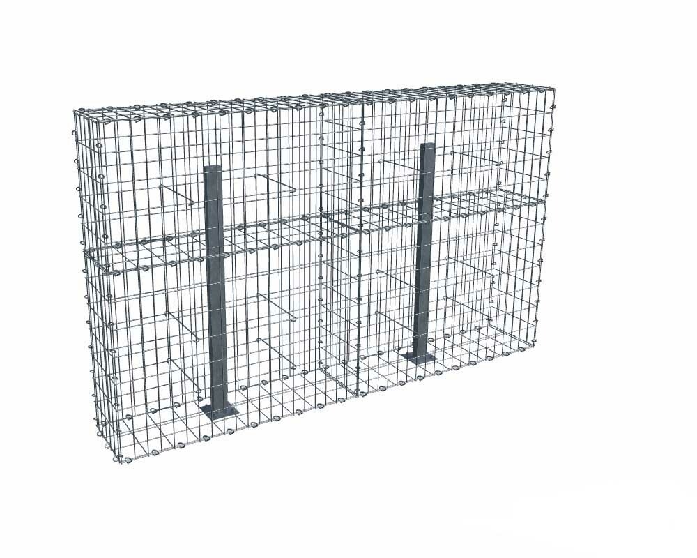 Kit gabion 2m de longueur, 120cm (H) x 30cm (L), pour clôture, assemblage agrafes, mailles 5 x 10 cm, avec poteaux raidisseurs à visser