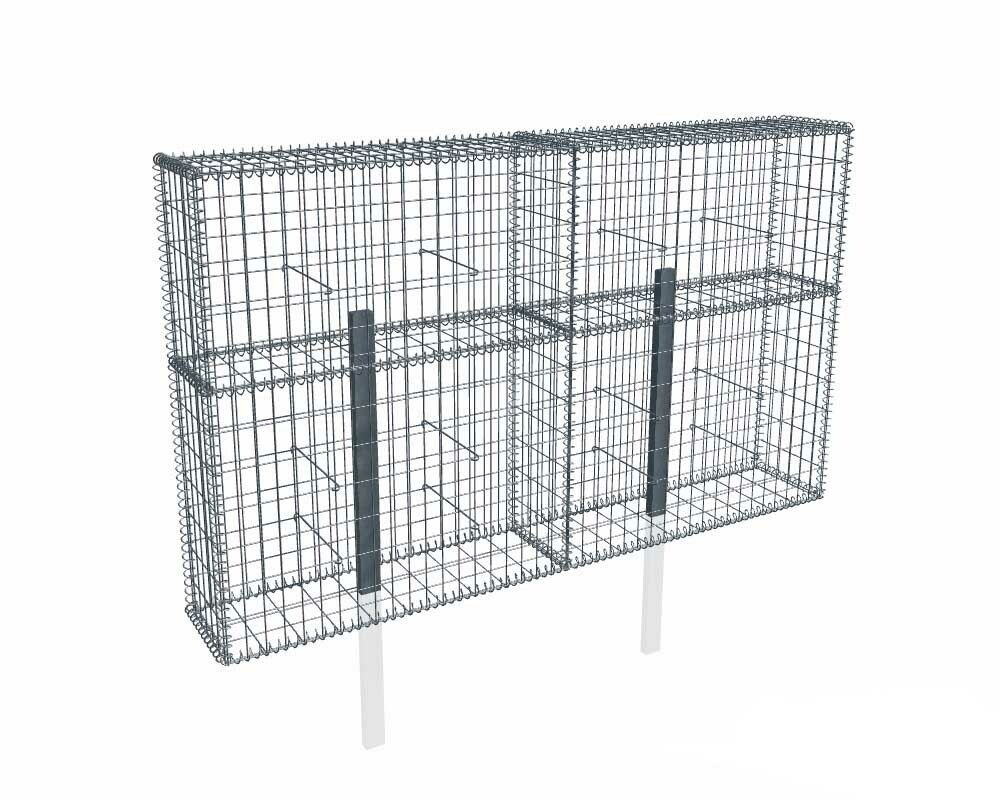 Kit gabion 2m de longueur, 120cm (H) x 30cm (L), pour clôture, assemblage spirales, mailles 5 x 10 cm, avec poteaux raidisseurs à sceller