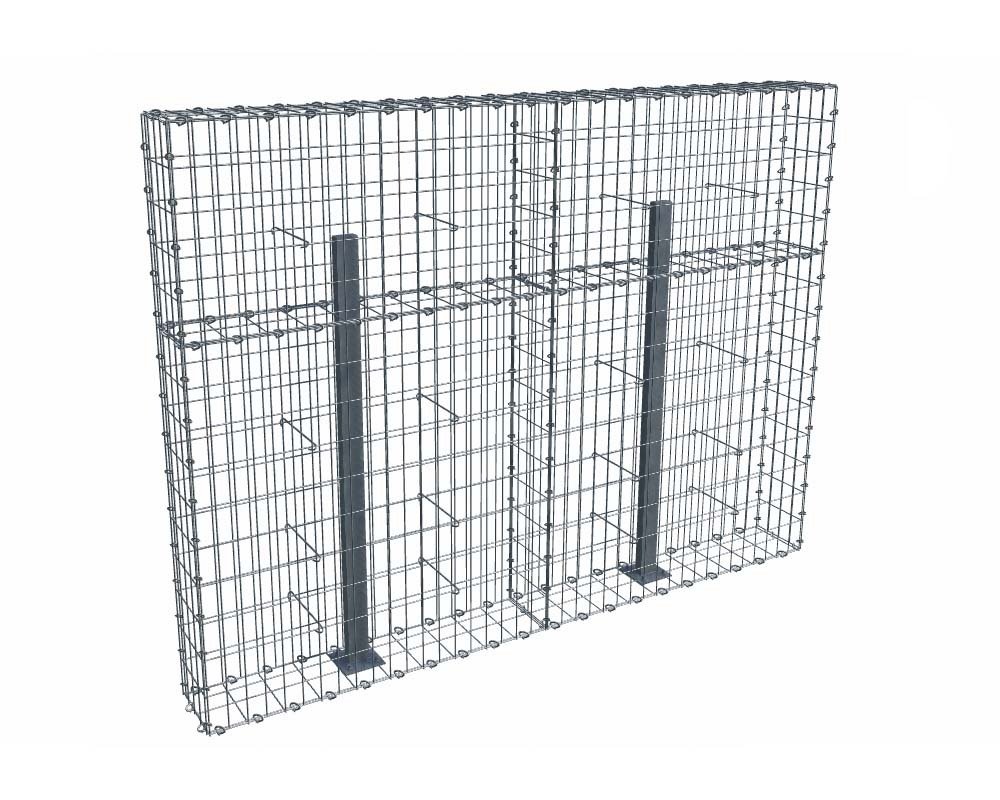 Kit gabion 2m de longueur, 150cm (H) x 20cm (L), pour clôture, assemblage agrafes, mailles 5 x 10 cm, avec poteaux raidisseurs à visser