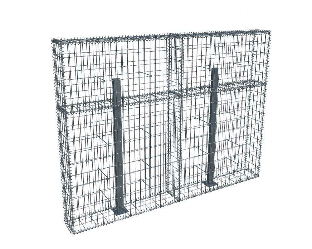Kit gabion 2m de longueur, 150cm (H) x 20cm (L), pour clôture, assemblage spirales, mailles 5 x 10 cm, avec poteaux raidisseurs à visser
