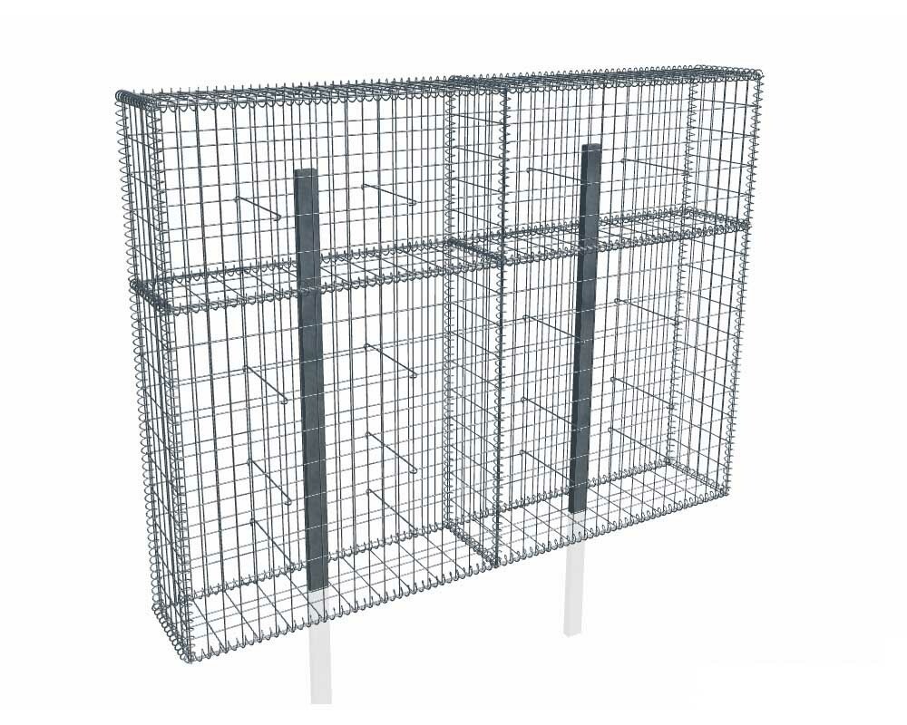 Kit gabion 2m de longueur, 150cm (H) x 30cm (L), pour clôture, assemblage spirales, mailles 5 x 10 cm, avec poteaux raidisseurs à sceller