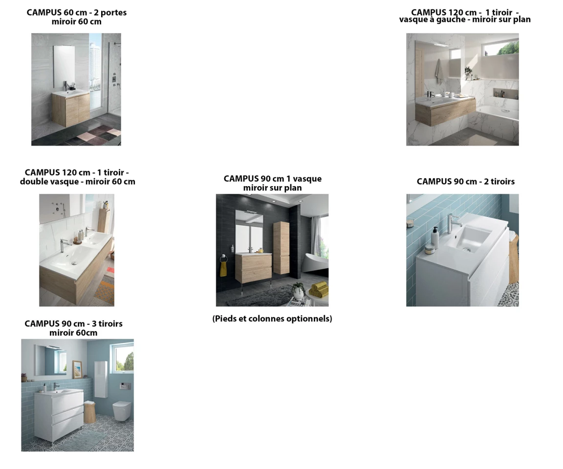 Ensemble meuble de salle de bain CAMPUS 90 cm, plan vasque céramique, profondeur 130 mm, miroir hauteur 60 cm, blanc brillant, 1 grand tiroir