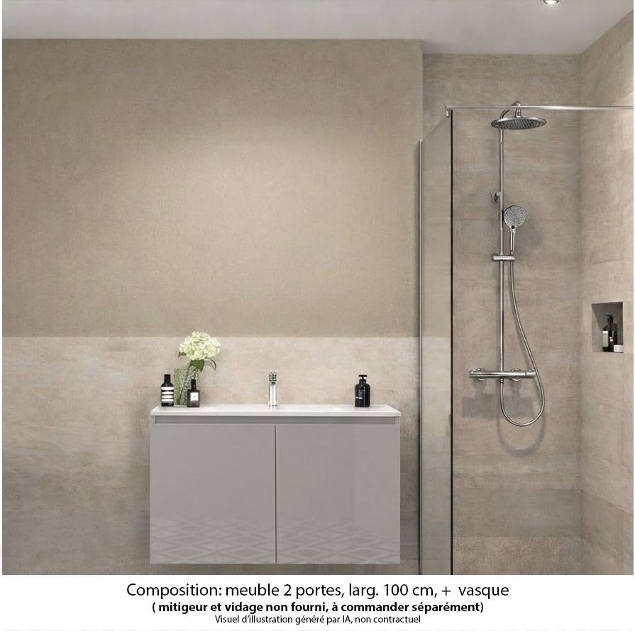 Ensemble meuble de salle de bain Oxford 60 cm grège brillant, plan vasque marbre reconstitué,  2 portes