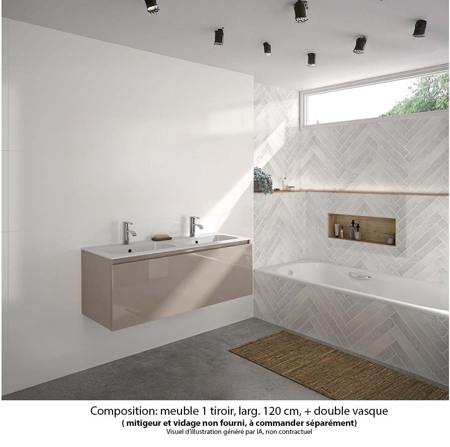 Ensemble meuble de salle de bain Oxford 120 cm grège brillant, plan double vasque marbre reconstitué,  1 tiroir