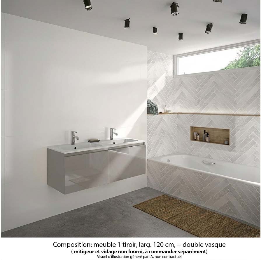 Ensemble meuble de salle de bain Oxford 140 cm grège brillant, plan double double vasque marbre reconstitué,  2 tiroirs