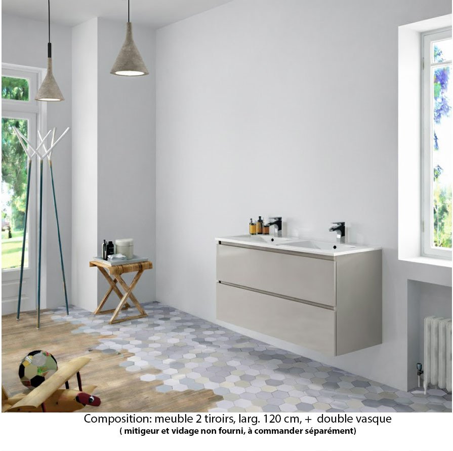 Ensemble meuble de salle de bain Oxford 120 cm grège brillant, plan double vasque marbre reconstitué,  2 tiroirs