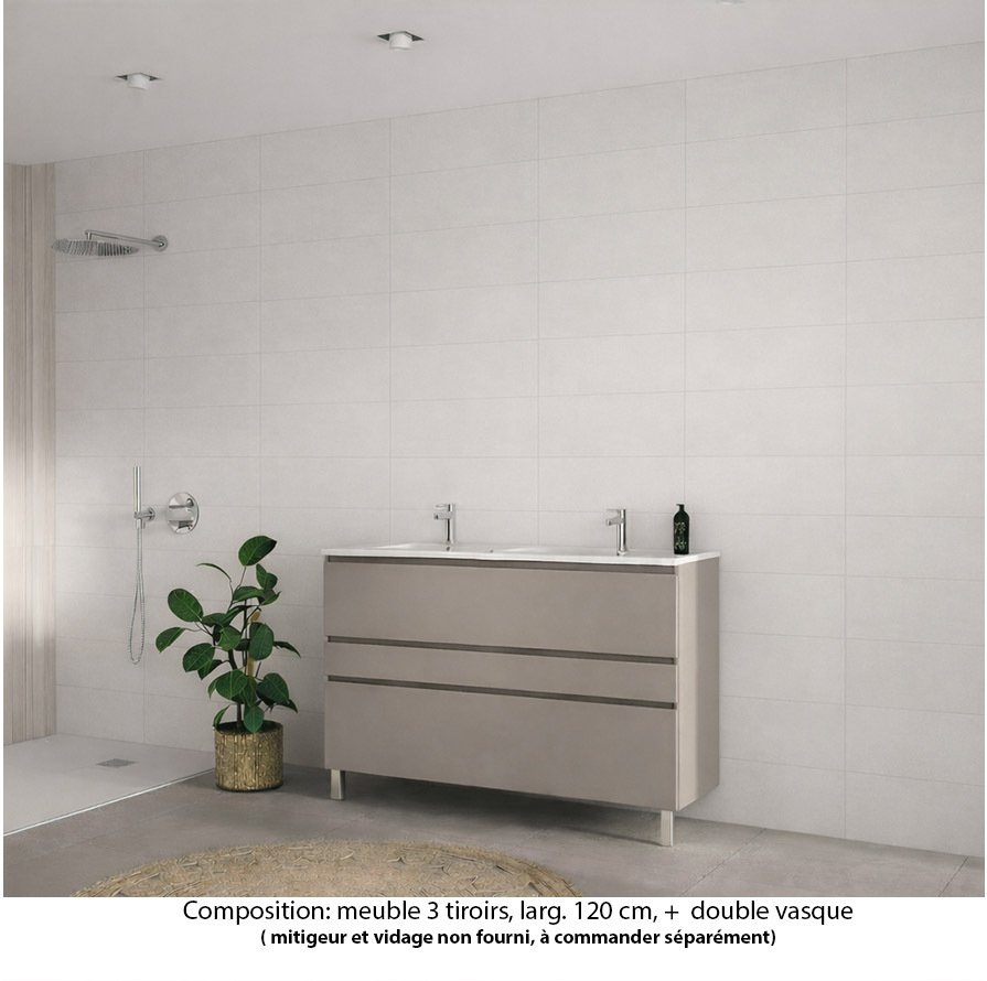 Ensemble meuble de salle de bain Oxford 120 cm grège brillant, plan double vasque céramique,  3 tiroirs