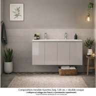 Ensemble meuble de salle de bain Oxford 140 cm grège brillant, plan vasque marbre reconstitué, 4 portes