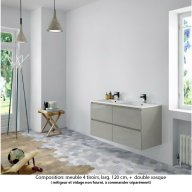 Ensemble meuble de salle de bain Oxford 140 cm grège brillant, plan double double vasque marbre reconstitué, 4 tiroirs