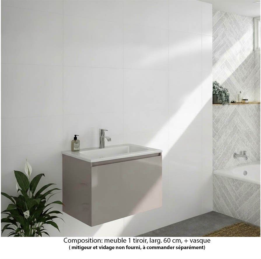 Ensemble meuble de salle de bain Oxford 60 cm grège brillant, plan vasque marbre reconstitué,  1 tiroir