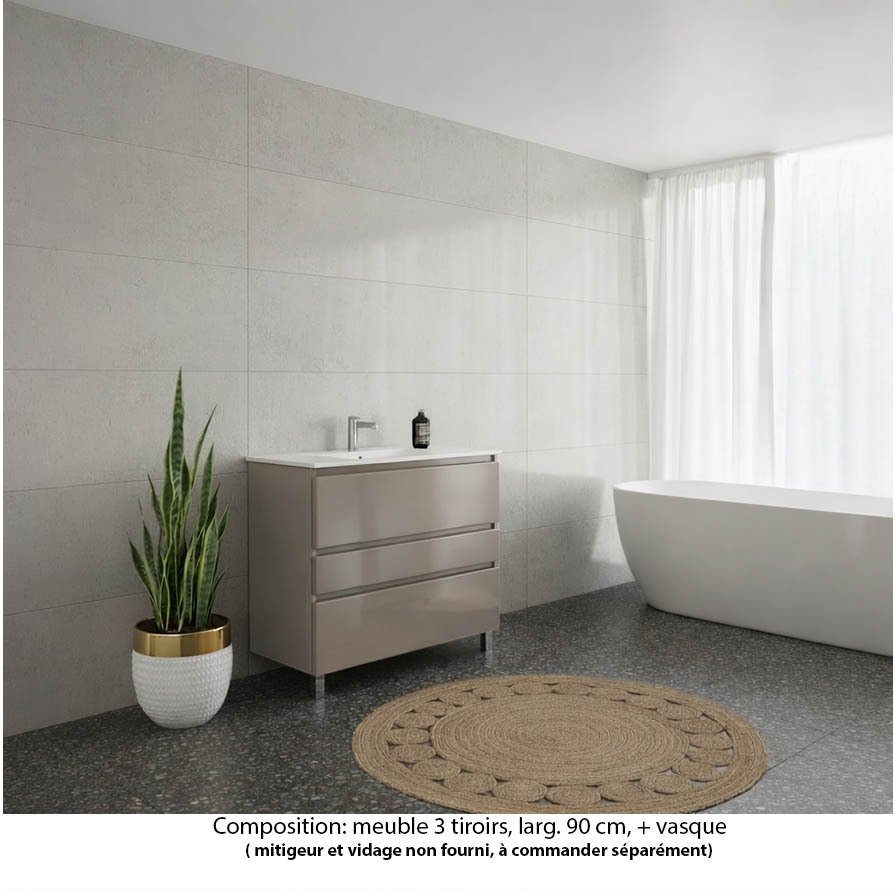Ensemble meuble de salle de bain Oxford 120 cm grège brillant, vasque marbre reconstitué,  3 tiroirs