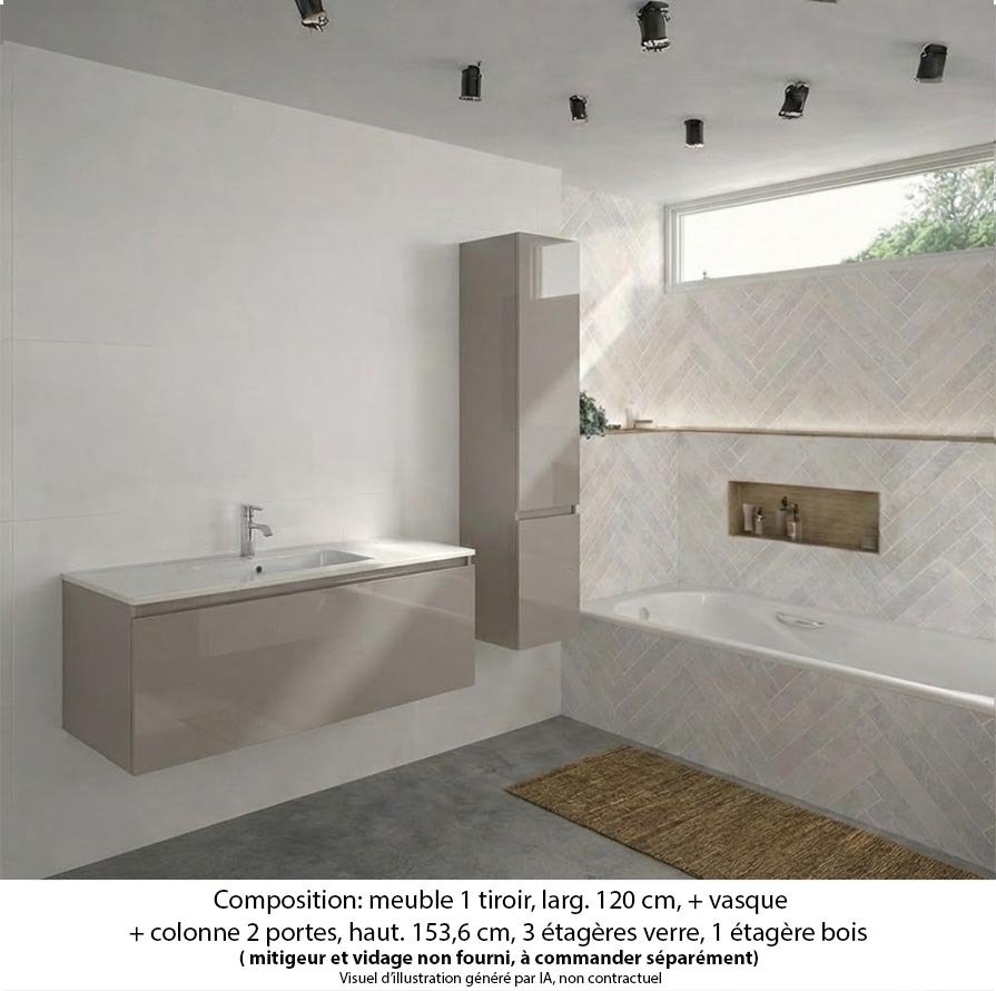 Ensemble meuble de salle de bain Oxford 120 cm grège brillant, plan vasque céramique,  1 tiroir +colonne P. 35 cm x H. 153 cm