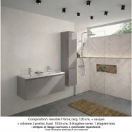 Ensemble meuble de salle de bain Oxford 120 cm grège brillant, plan double vasque marbre reconstitué, 1 tiroir + colonne P. 35 cm x H. 153 cm