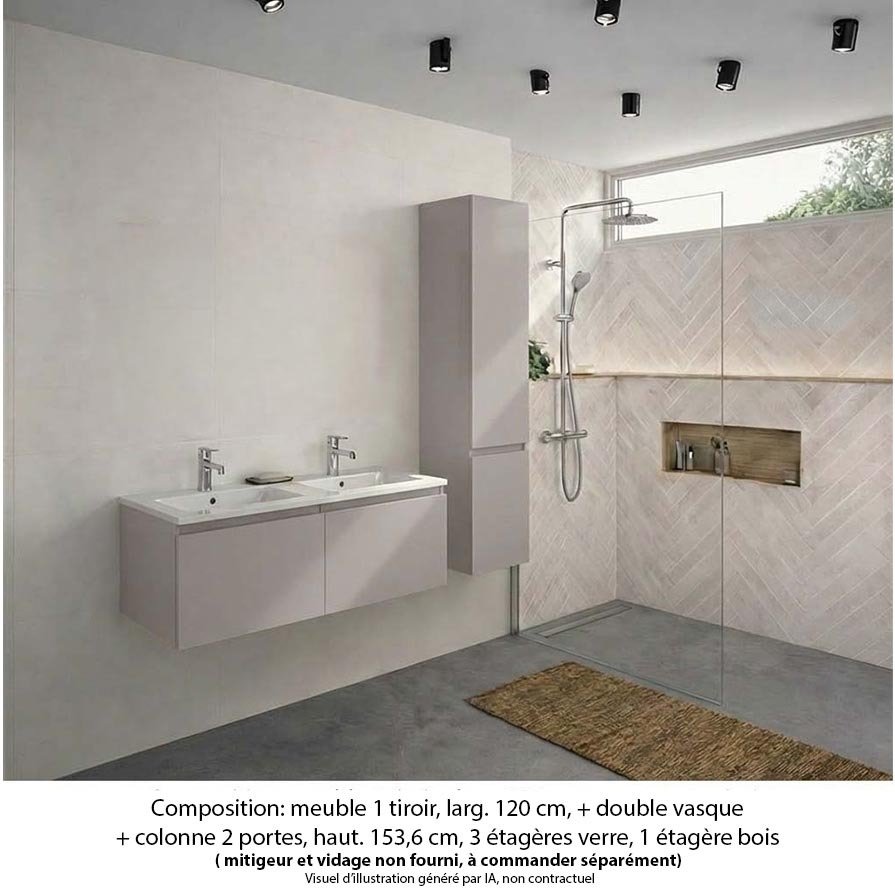 Ensemble meuble de salle de bain Oxford 140 cm grège brillant, plan double double vasque marbre reconstitué,  2 tiroirs +colonne P. 35 cm x H. 153 cm