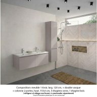 Ensemble meuble de salle de bain Oxford 120 cm grège brillant, plan double vasque marbre reconstitué, 2 tiroirs + colonne P. 35 cm x H. 153 cm