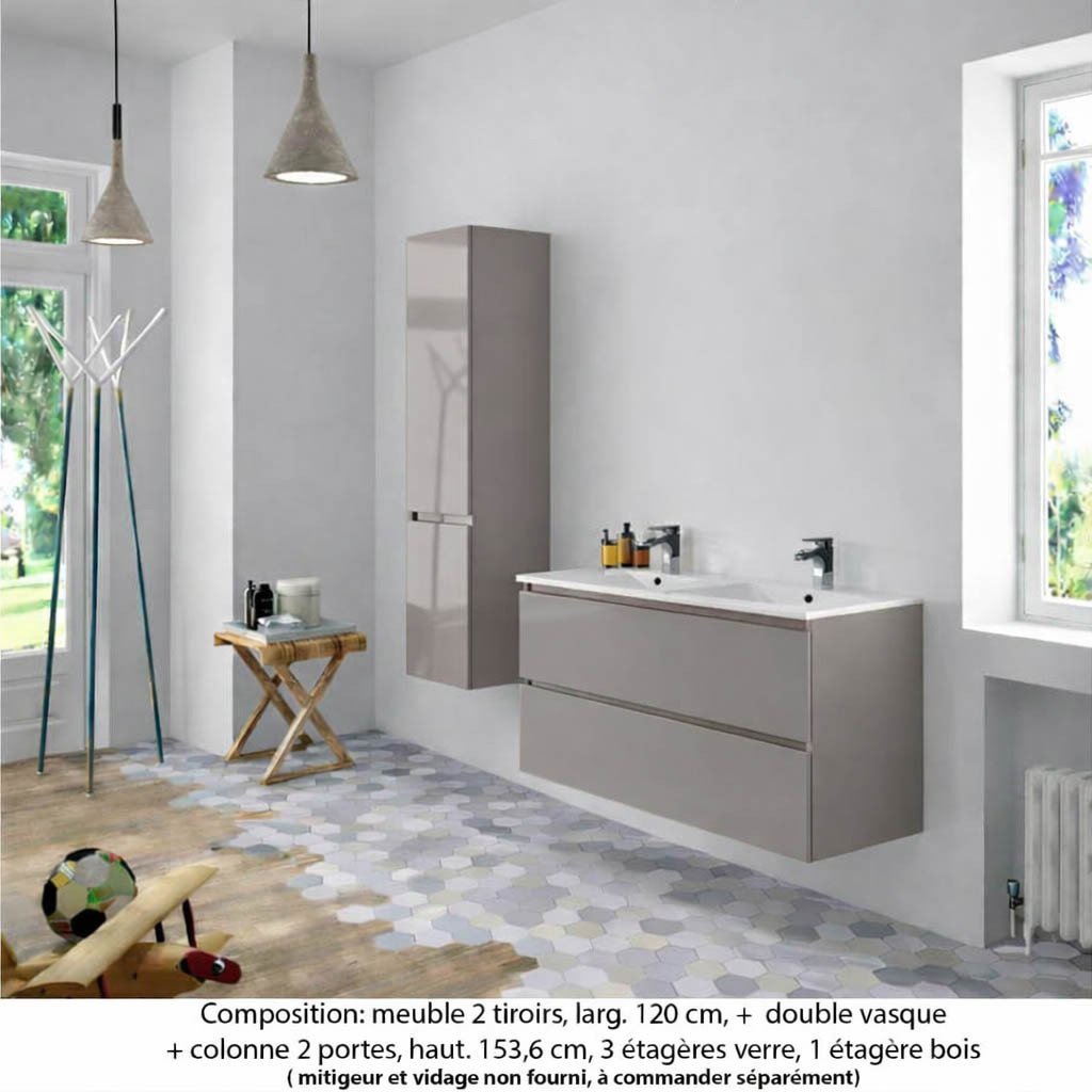 Ensemble meuble de salle de bain Oxford 120 cm grège brillant, plan double vasque marbre reconstitué,  2 tiroirs +colonne P. 35 cm x H. 153 cm