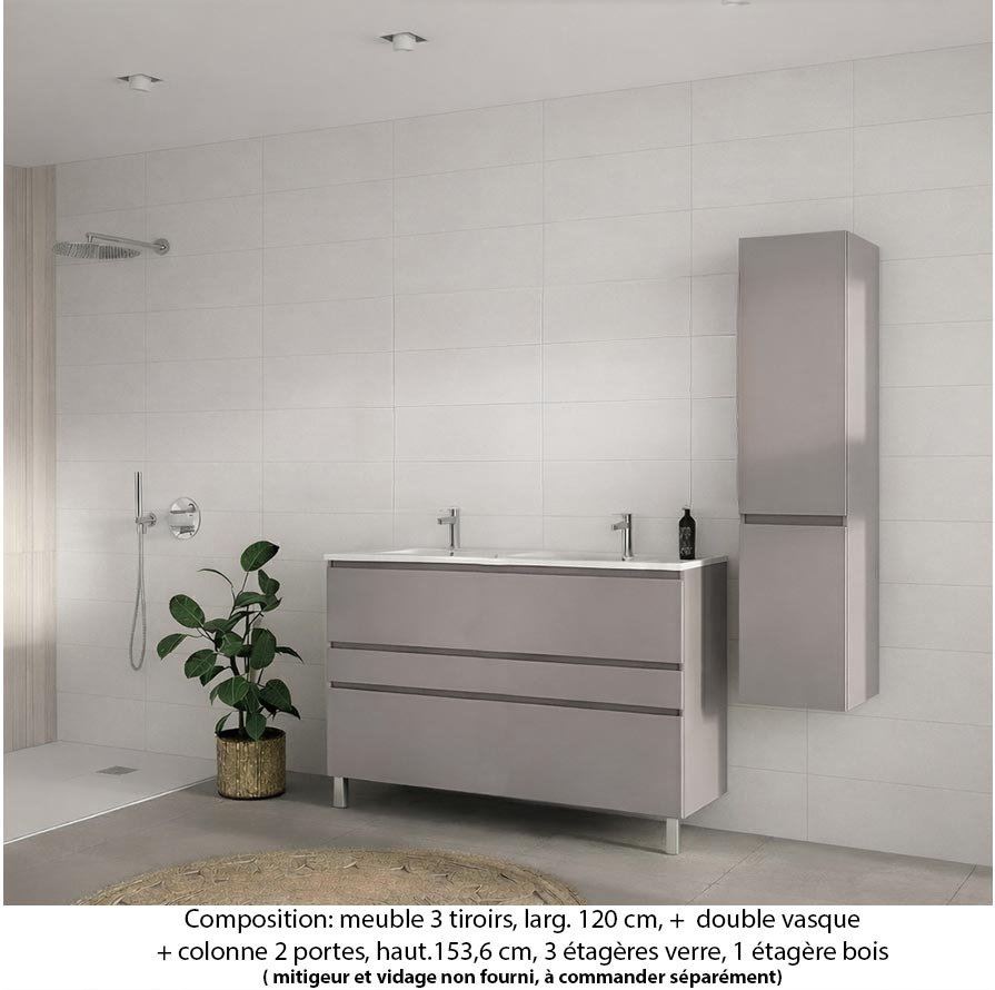 Ensemble meuble de salle de bain Oxford 120 cm grège brillant, plan double vasque céramique,  3 tiroirs +colonne P. 35 cm x H. 153 cm