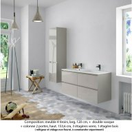 Ensemble meuble de salle de bain Oxford 140 cm grège brillant, plan double double vasque marbre reconstitué, 4 tiroirs +colonne P. 35 cm x H. 153 cm