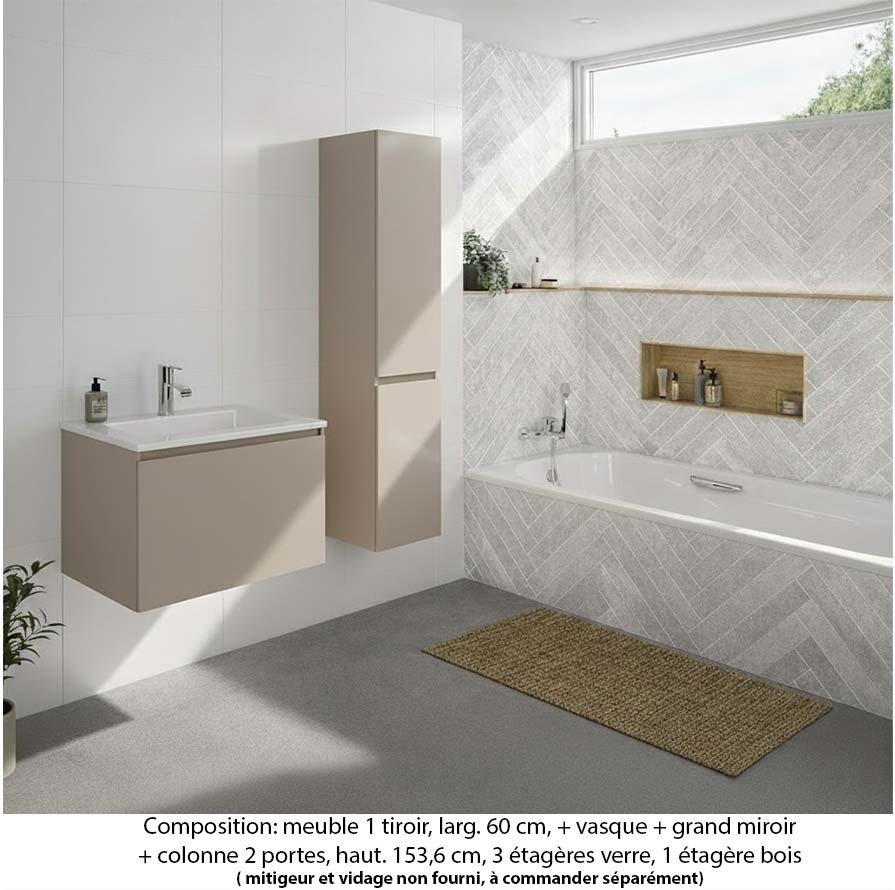 Ensemble meuble de salle de bain Oxford 60 cm grège brillant, plan vasque marbre reconstitué,  1 tiroir +colonne P. 35 cm x H. 153 cm