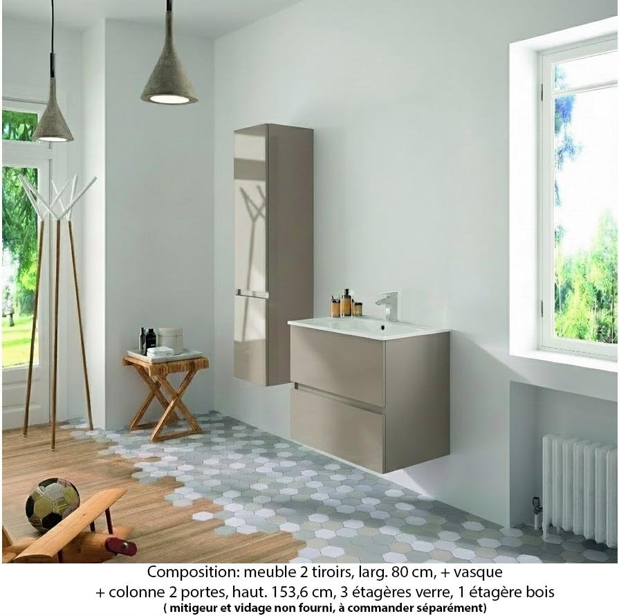 Ensemble meuble de salle de bain Oxford 80 cm grège brillant, plan vasque marbre reconstitué,  2 tiroirs +colonne (ch. à gauche)