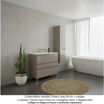 Vignette Ensemble meuble de salle de bain Oxford 90 cm grège brillant, plan vasque céramique,  3 tiroirs + colonne P. 35 cm x H. 153 cm