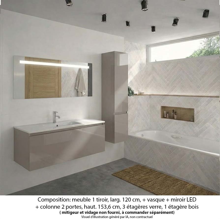 Ensemble meuble de salle de bain Oxford 120 cm grège brillant, plan vasque marbre reconstitué,  1 tiroir +colonne P. 35 cm x H. 153 cm  , miroir LED