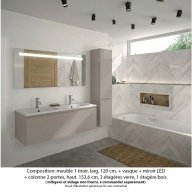 Ensemble meuble de salle de bain Oxford 120 cm grège brillant, plan double vasque marbre reconstitué, 1 tiroir + colonne P. 35 cm x H. 153 cm , miroir LED