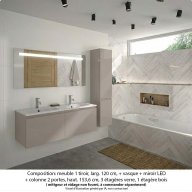 Ensemble meuble de salle de bain Oxford 120 cm grège brillant, plan double vasque marbre reconstitué, 2 tiroirs + colonne P. 35 cm x H. 153 cm , miroir LED