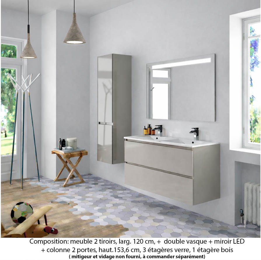 Ensemble meuble de salle de bain Oxford 80 cm grège brillant, plan vasque marbre reconstitué,  2 tiroirs +colonne P. 35 cm x H. 153 cm  , miroir LED